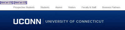 language attributes shown at the top of uconn.edu. Language attributes read [html:en-US] [html:en-US]. Navigation bar reads Prospective Students, Students, Alumni, Visitors, Faculty & Staff, Business Partners. UConn banner reads UCONN University of Connectictut.