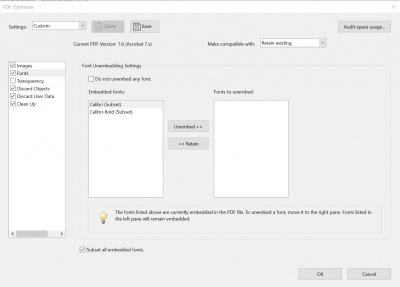 retain or unembed fonts from a PDF