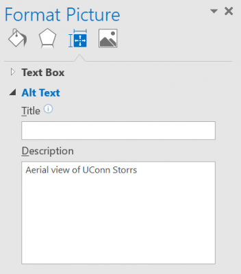 Alt text editor; description field reads "Aerial view of UConn Storrs"
