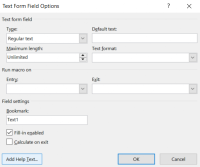 add help text button on the Text Form Field Options panel