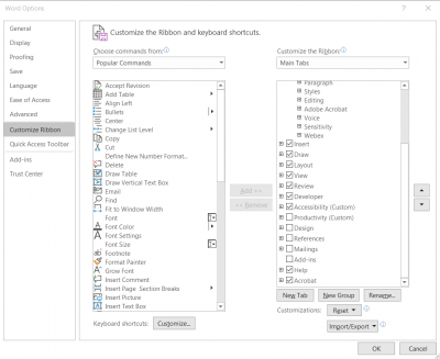 MS Word adding Developer tab to the ribbon via Customize Ribbon under Word Options